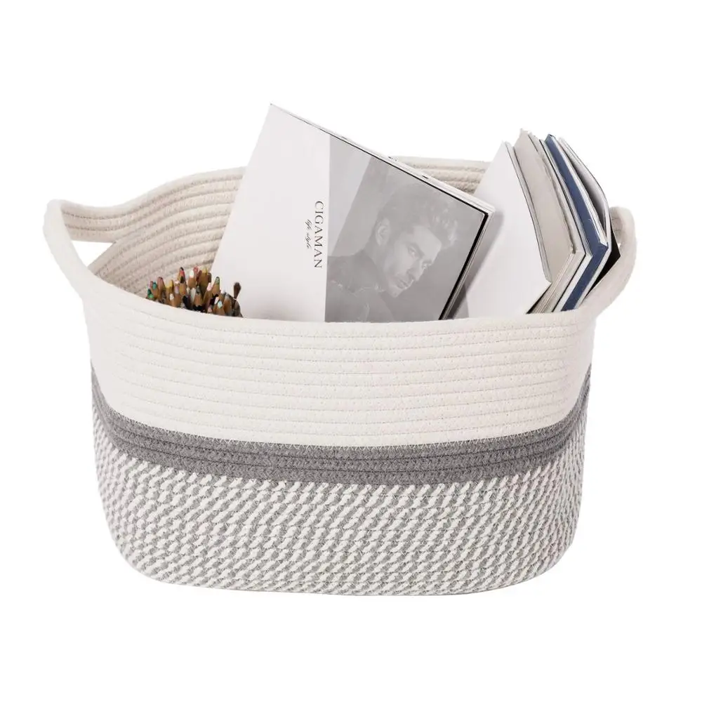 

QJMAX Decorative Rectangle Square Cotton Rope Woven Basket With Handles For Books Magazines, Natural / dyed