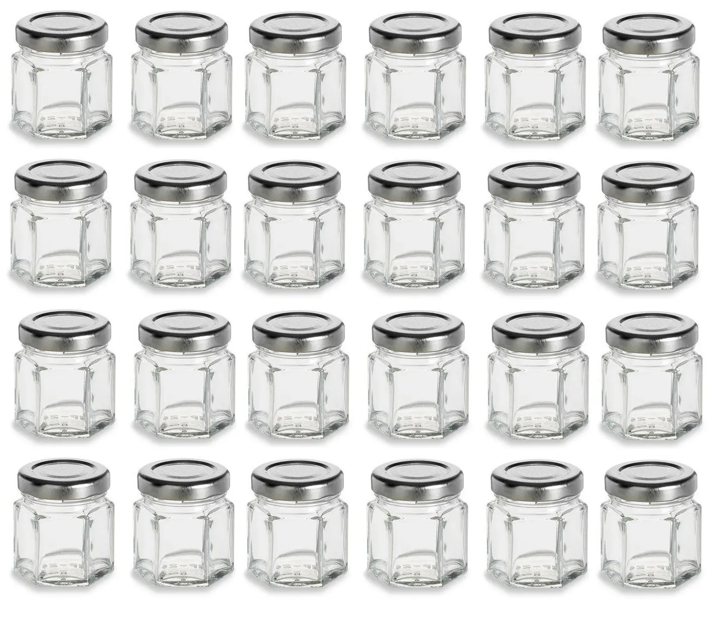 Nakpunar 24 pcs 1.5 oz Mini Hexagon Glass Jars with Silver Plastisol Lined Lids