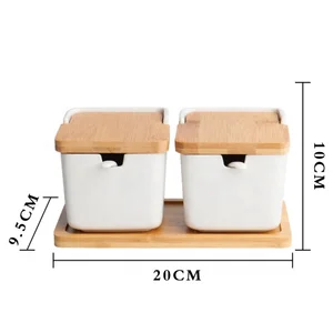 Image of Porcelain seasoning pot spice container with bamboo lid and spoon