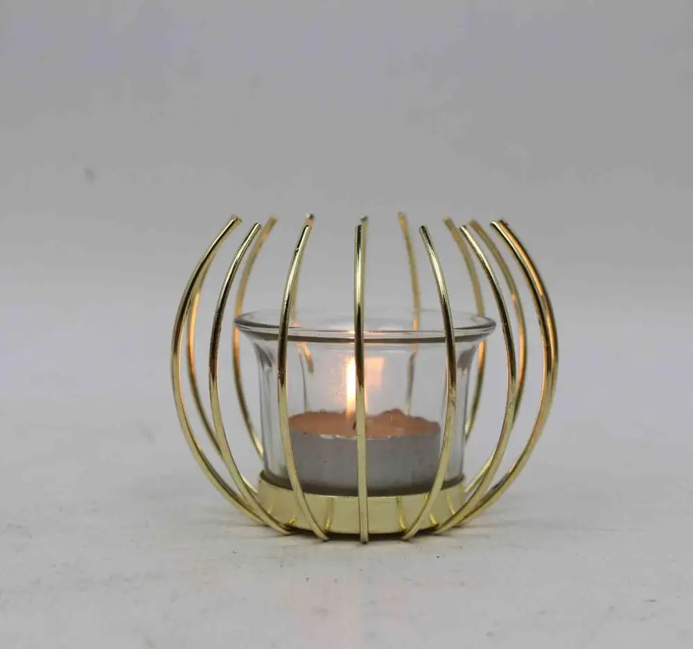 Ch31744 Small Table Metal Tealight Holder With Glass Cup Inside Golden