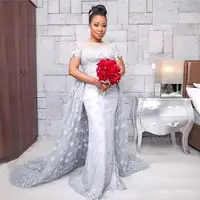 

ZH3864G Modest Plus Size Silver Wedding Dresses Short Sleeves Jewel Neck Backless Detachable Train Arabic Formal Bridal Gowns