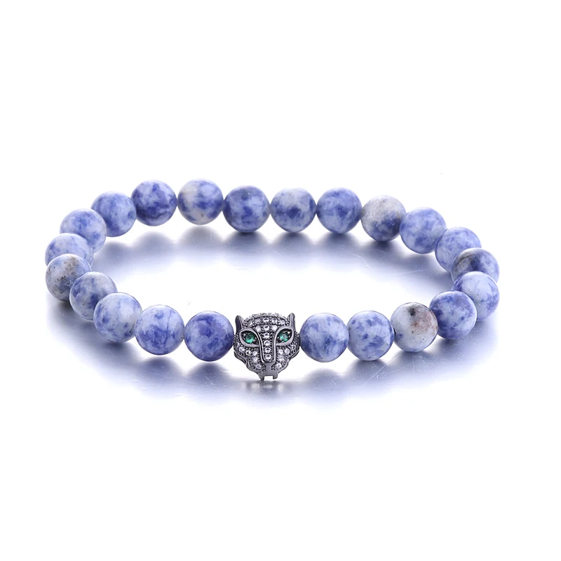 

Gemstone Beaded Bracelets Natural Stone Sodalite Strech Bracelet With CZ Zircon Diamond Leopard Paved Bracelet, Silver;gold