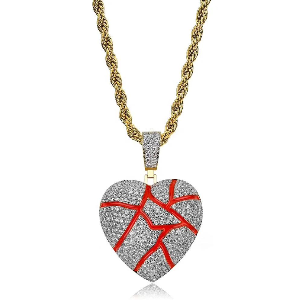 

New Arrival Hot Sale Hip Hop Gold Silver Red Broken Heart Pendant Necklace