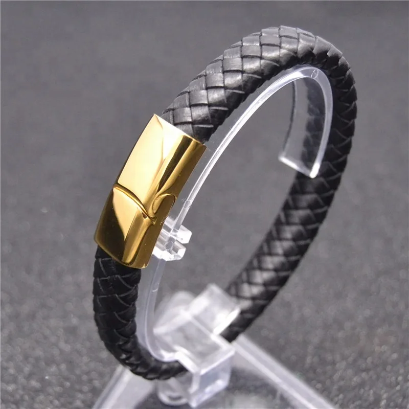 

Genuine Leather Bracelet Men Gold Plated Stainless Steel Magnetic Clasp Bangle Jewelry Wholesale, Gold;black;silver;customized color