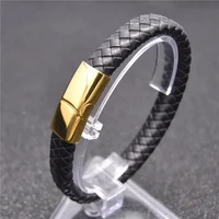 

Genuine Leather Bracelet Men Gold Plated Stainless Steel Magnetic Clasp Bangle Jewelry Wholesale