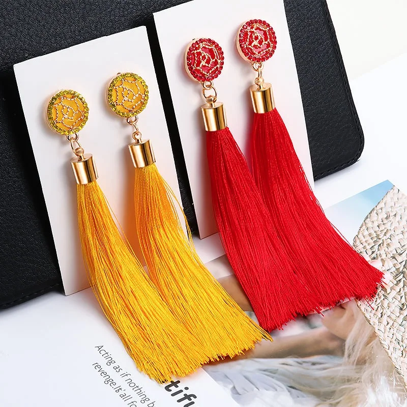 

Fashion Bohemian Tassel Crystal Long Earrings White Red Silk Fabric Drop Dangle Tassel Earrings For Women 2019 Jewelry