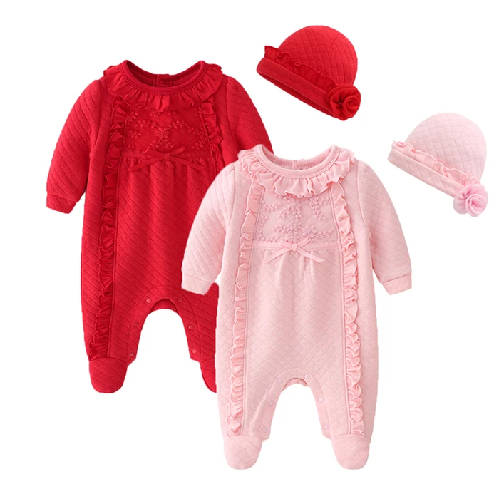 

wholesale autumn & winter soft organic cotton infant toddler newborn baby girl clothes rompers sets, Pink / red