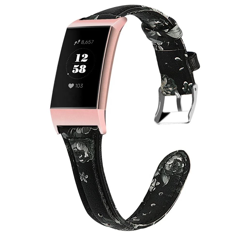 

Watch Band for Fitbit Charge 3 Rose Pink Steel Head Flower Style Genuine Leather Straps, 11 color in silver head+9 color in black head/rose pink head