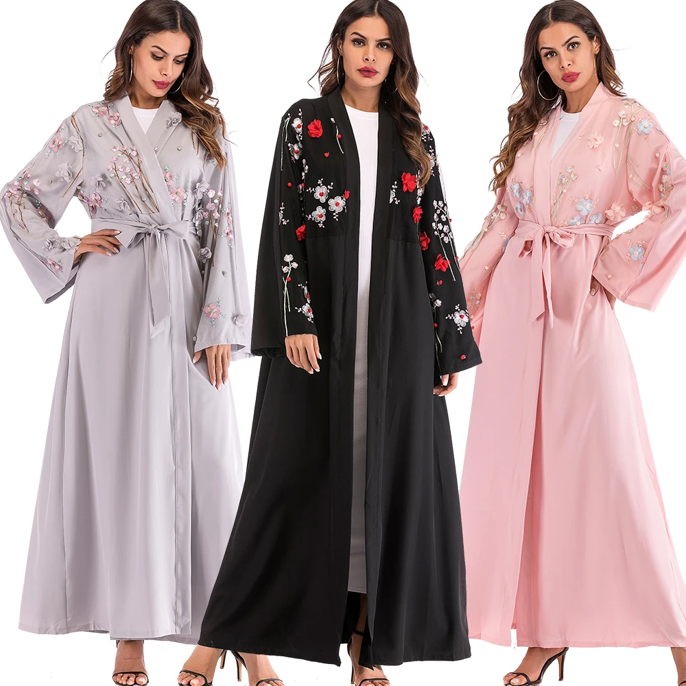 

1632# New model 3D floral Stitching open front kimono latest design women islamic clothing abaya in dubai 2019, Pink/black/grey
