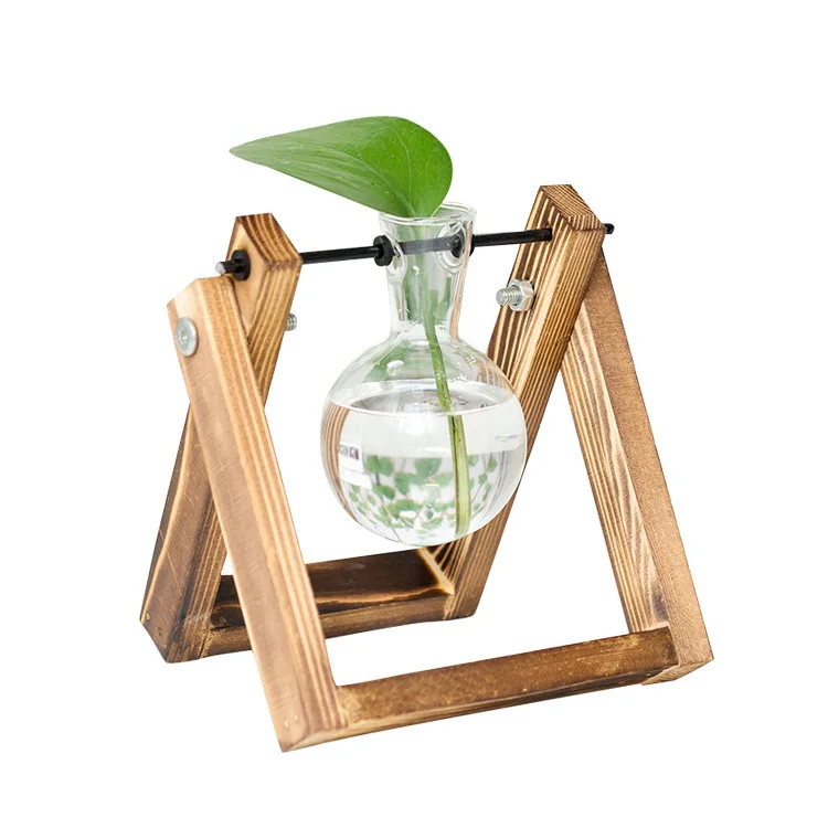 

Office desktop wooden flower bottle hydroponic plant rack, Natural wood color