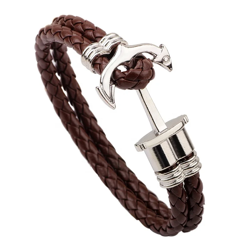 

Nautical Ship Anchor Charm Leather Wrap Bracelet,Leather Braid Bracelet,Double Wrap Bracelet, Brown,black