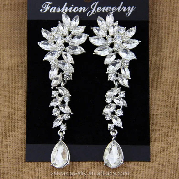 

Wedding Jewelry Full Crystal Rhinestone Birdes Accessories Long Drop Earrings, Silver