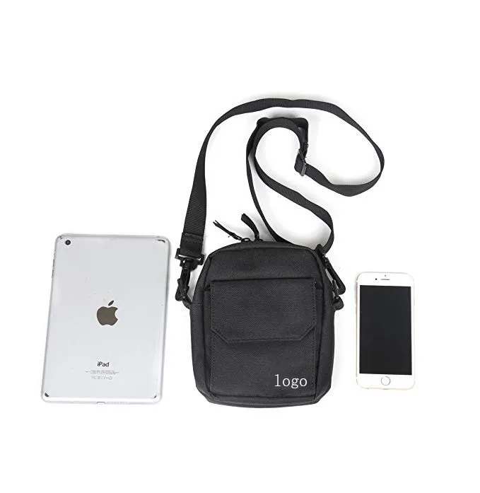 Customized Reflective Black Men Bag Small Zipper Canvas Shoulder Bag