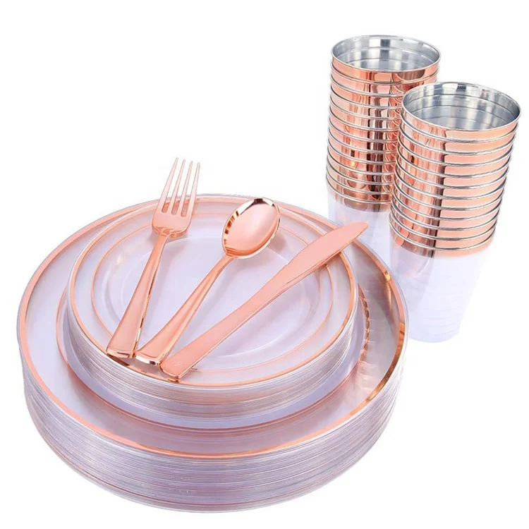 Disposable Tableware Rose Gold Plastic Cutlery Plate And Cup Set Buy