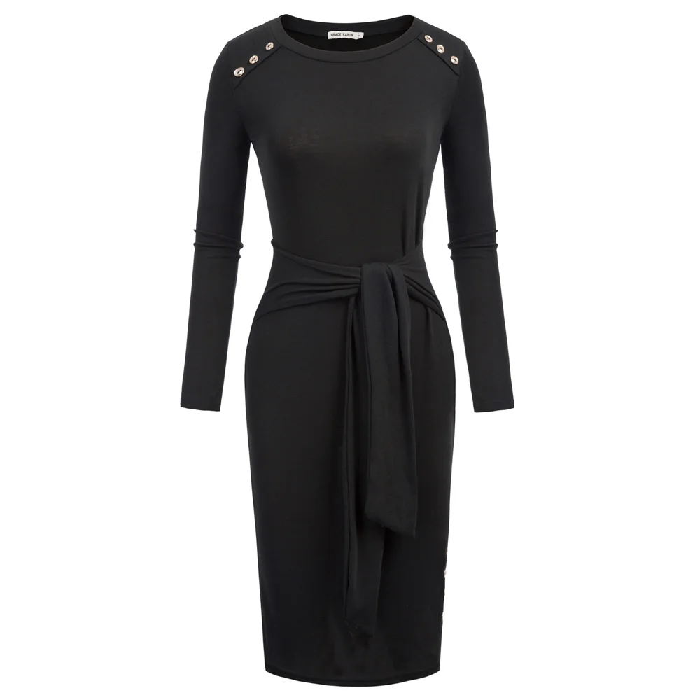 gk 女装长袖圆领按钮口音领带前臀部包裹连衣裙 cl011060