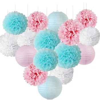 Baby Shower Decorations Blue Pink Tissue Paper Pom Pom Flowers