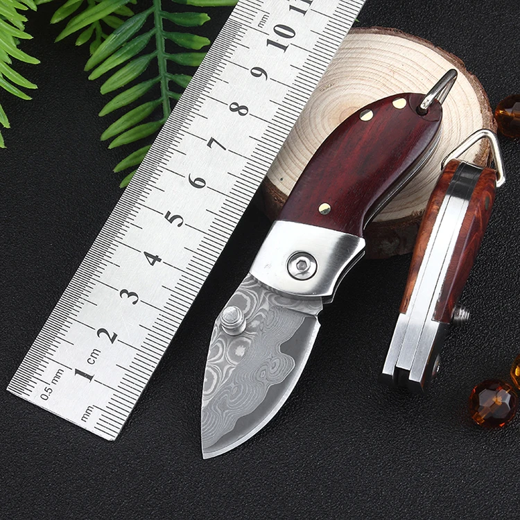 

mini damascus steel folding pocket size key chain edc knife wood handle