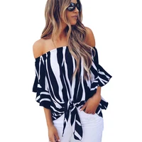 

Spring Off Shoulder Sexy Bell Sleeve Vertical Stripes Shirt Tie Knot Casual Women Blouses Tops