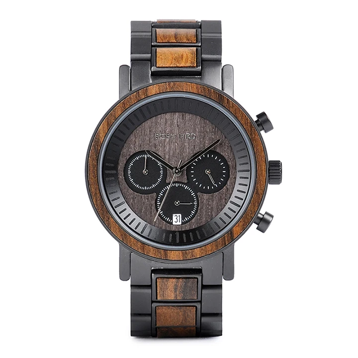 

BOBO BIRD Elegant luxurious chronograph men Wood Watch with special concave dial and metal case, Black