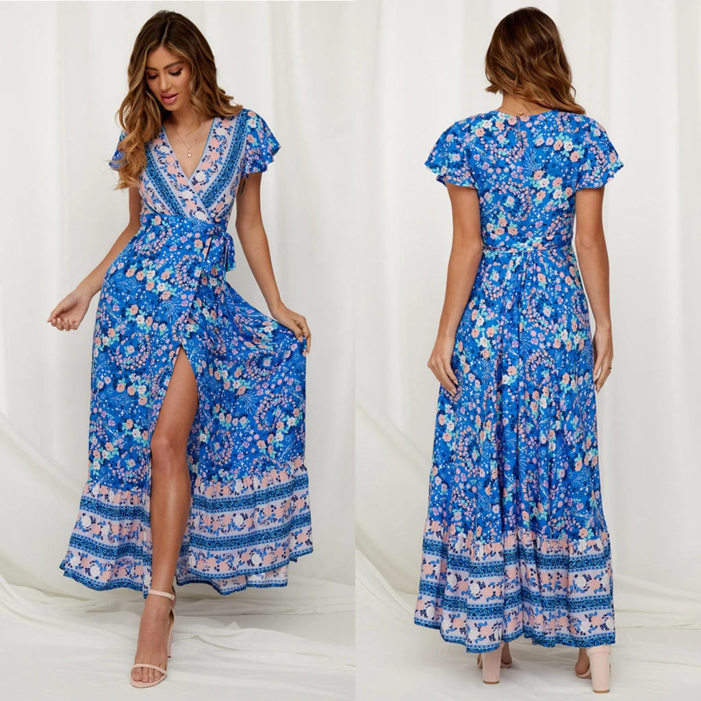 
2019 Newest Style Bohemian Short Sleeve Printed High Split Beach Dress For Ladies 