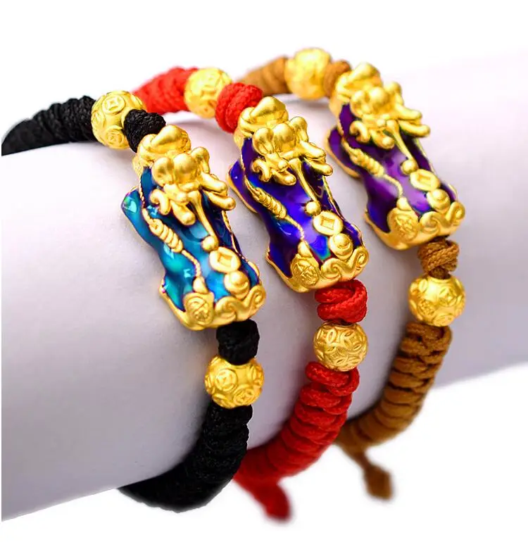 

MY001 Gold Plated 3D Chang Colour Pixiu Bracelet Weaving Rope Feng Shui Luck Bracelet, As picture