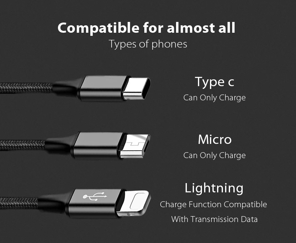 manufacturer multi ports 3ft length 3 in 1 USB cable with 8pin, micro and type C connector