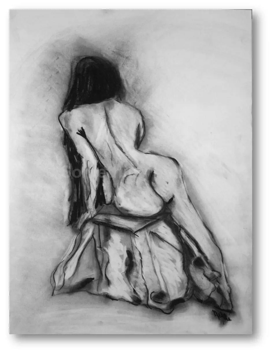 Nude Art Charcoal Drawing, Female Nude, Large Figure Drawing, Nude Model, O...