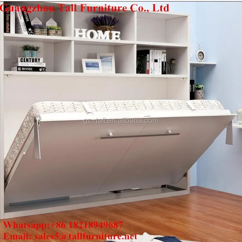 Venta al por mayor diseños cama plegable cama con estantería de pared
