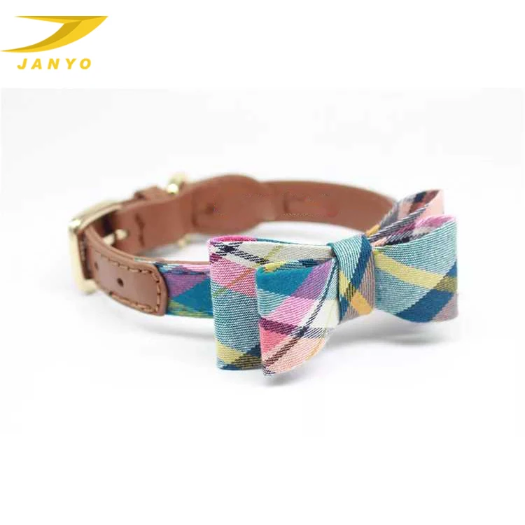 

Wholesale custom plaid dog bow tie genuine leather dog collar, Customized