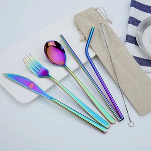 Image of Stainless Steel Portable Camping Travel Utensils 7pcs Cutlery Set With Metal straw in pouch