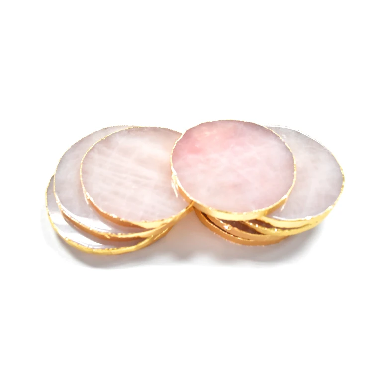 

High quality natural rose quartz crystal slices with electroplating golden edge, Pink