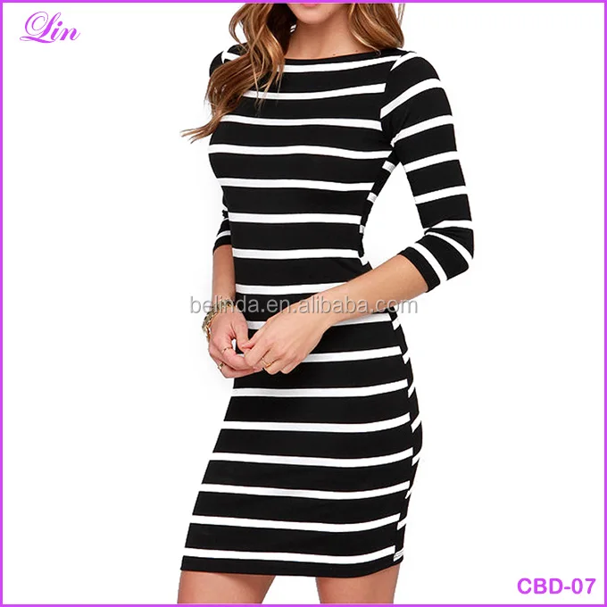 

Free Shipping by DHL/FEDEX/SF Spring Summer Women Round Neck Fashion Black and White Striped Long Sleeve Straight Plus