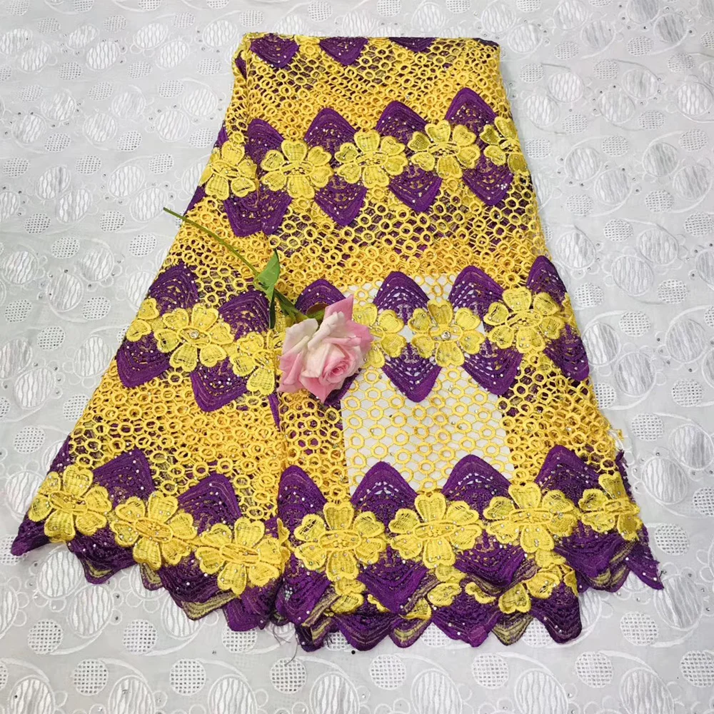 

Beautifical wholesale nigeria guipure lace fabric embroidered with stones yellow cord lace fabric ML41G24, Customized