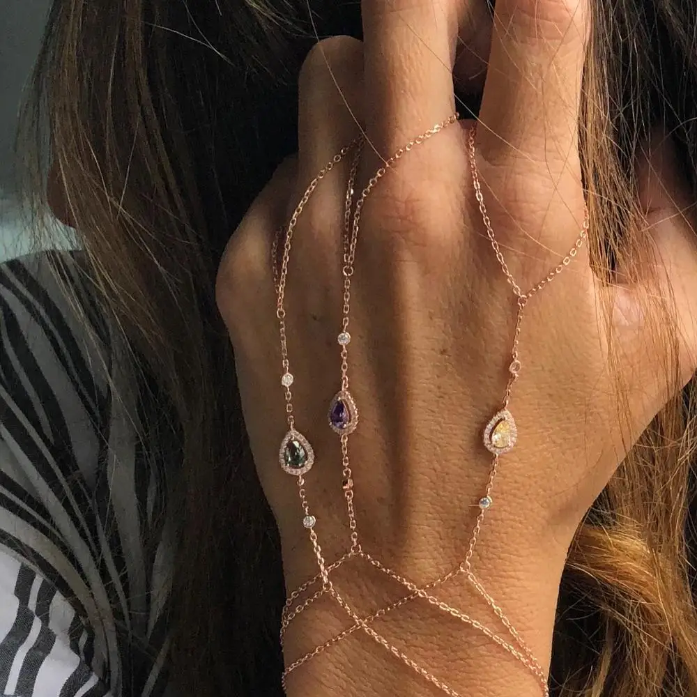 

new arrived tear drop AAA cubic zirconia stone elegance european women jewelry Trendy Modern hand bracelet with ring, Rainbow color