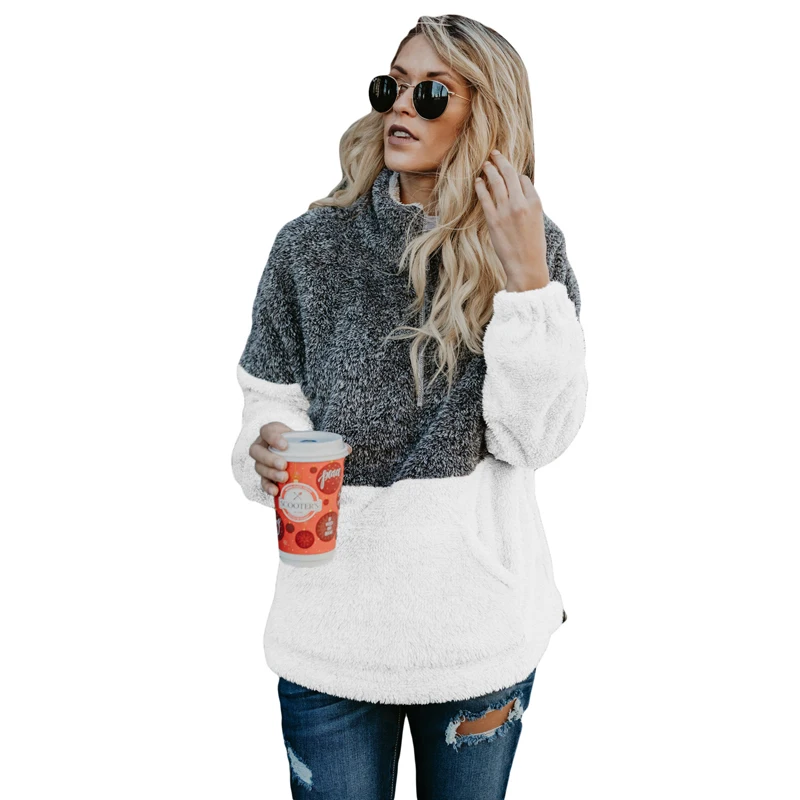 

Women Zip Neck Oversized Fluffy Fleece Pullover Hoodies, As shown