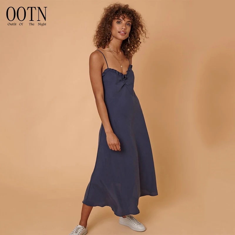 

OOTN 2019 Summer Autumn Tunic Dress Backless Ruffle Long Party Dress V Neck Sleeveless Long Sarafan Blue Strap Women Sexy Dress