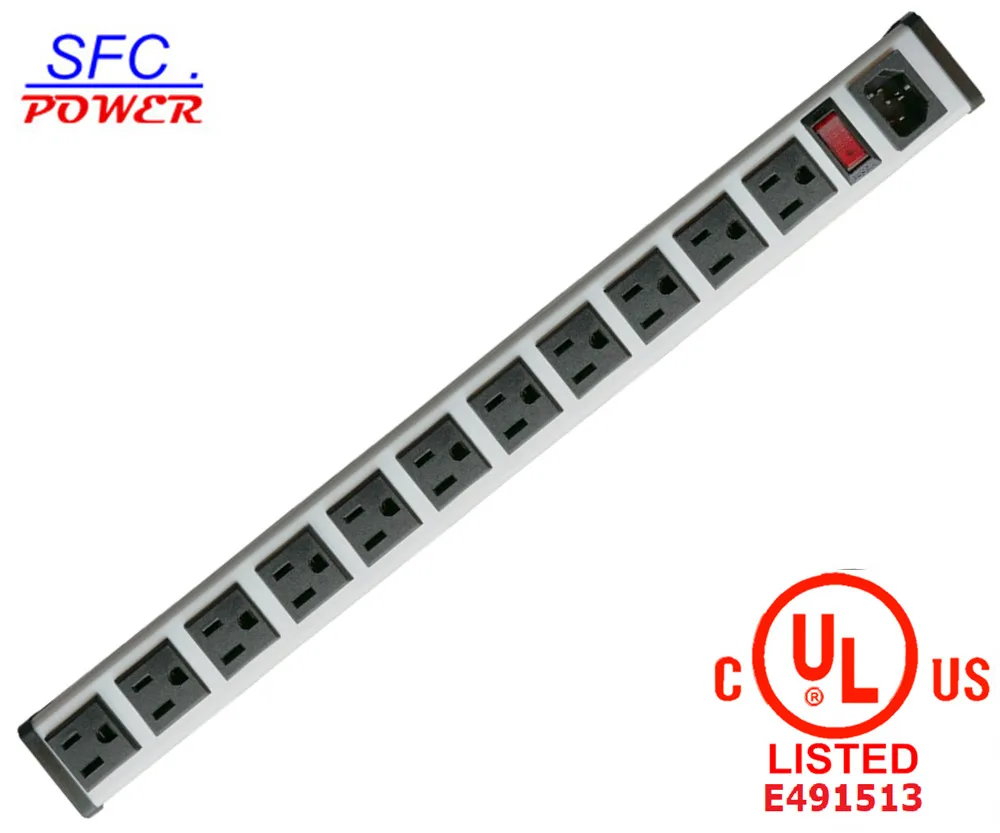 IEC 60320 Inlet C14 POWER STRIP, NEMA 5-15R 11 OUTLETS, VERTICAL RACK / SURFACE MOUNT, METAL ENCLOSURE, D.P. CIRCUIT BREAKER,