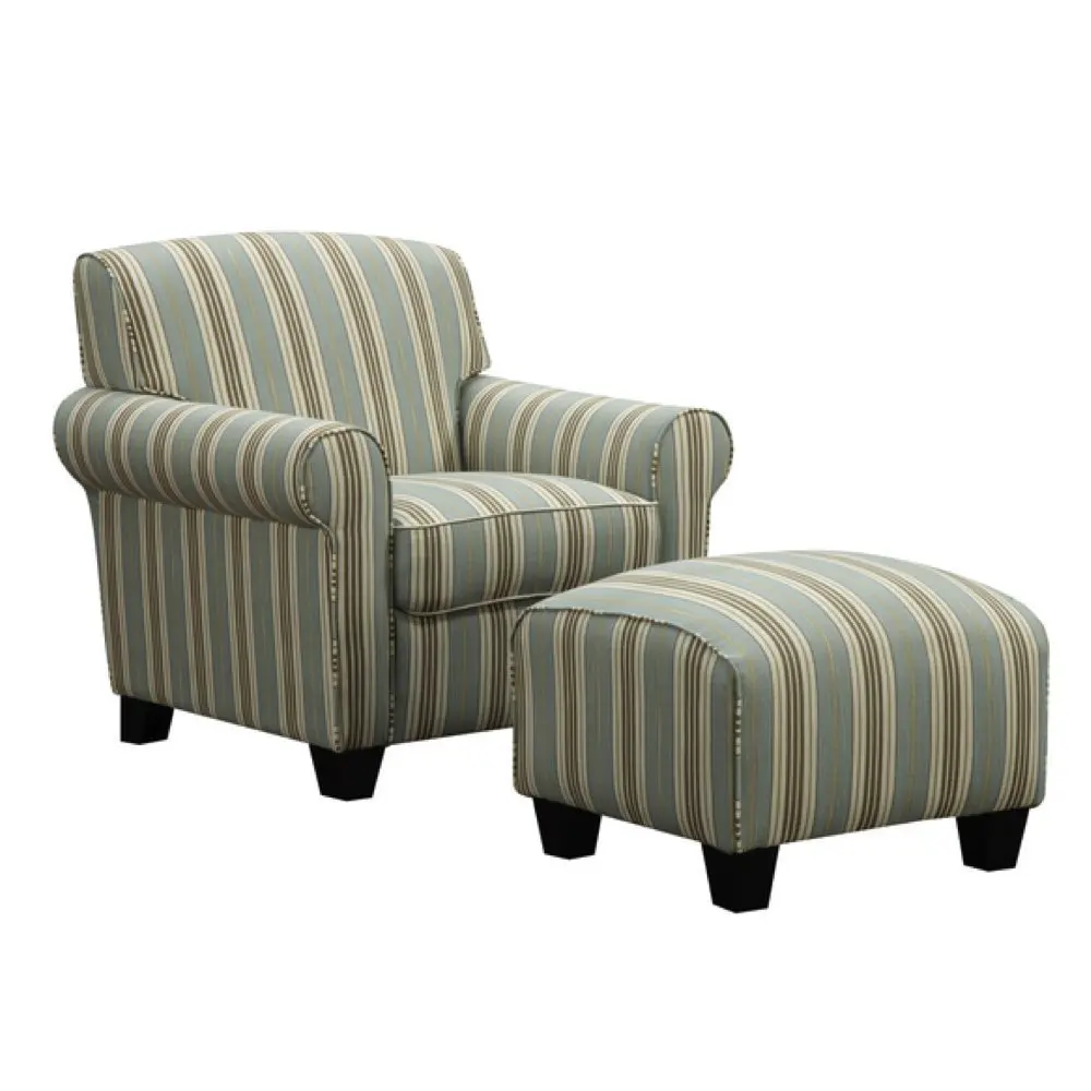 Portfolio Mira Summer Aqua Blue Stripe Living Room Comfortable Arm Chair and Ottoman