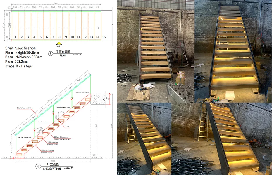 Prefab floating staircase modern carbon steel mono beam beech/oak wood tread stairs indoor/staircase design for houses manufacture