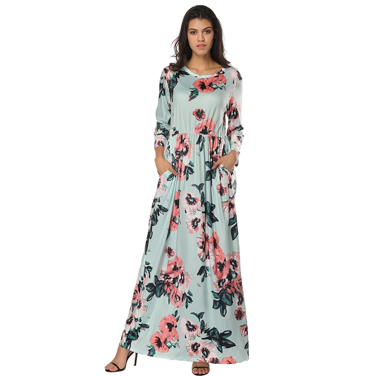 

Beautiful Floral Long Sleeves Maxi Printed Fashion Lady Women Dress With Pocket