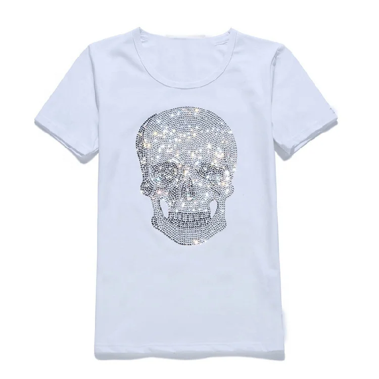 

Harajuku T Shirt Skull Diamonds Summer T-shirt Woman Short Sleeve Tops Women White Black Cotton Tee TShirt