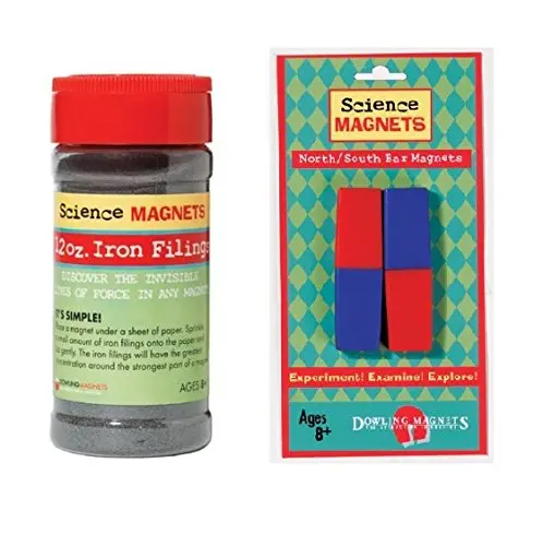 12 oz Jar of Iron Filings + North/South Bar Magnets - 2 red/blue