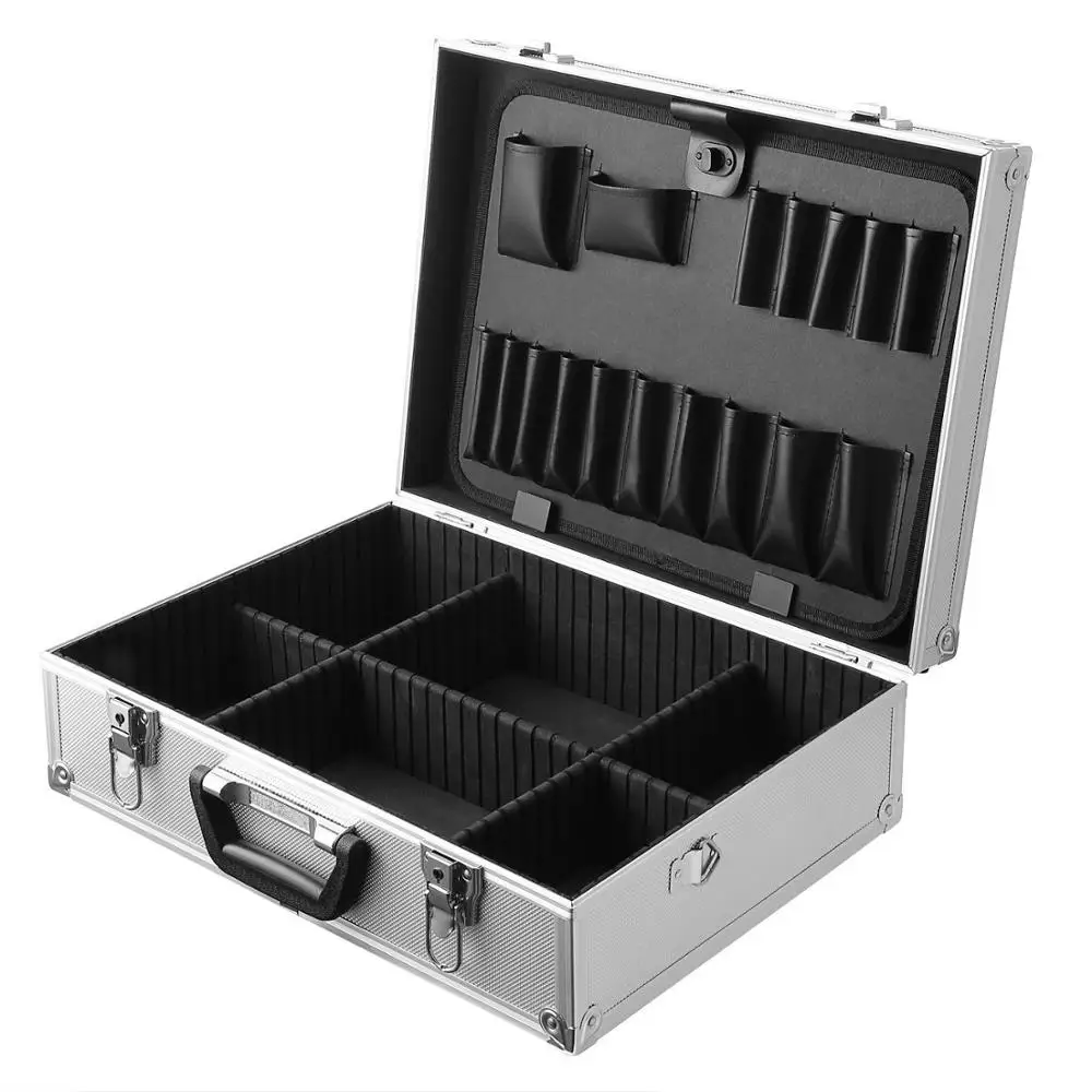 
Professional Aluminum Tool Box Hard Case Rugged Textured Carrying Case Divides Suitcase with Carrying Handle 