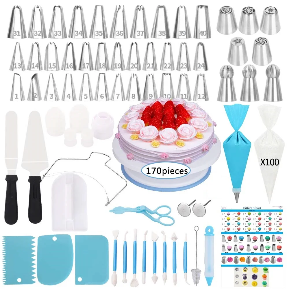 

170 PCS Cake turntable set Supplies with Icing Piping Tips & Russian Nozzles cake Turntable Stand,, Sliver