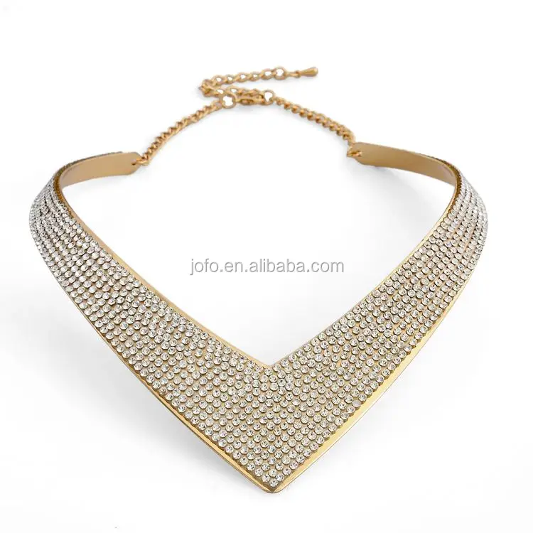 

Jofo Brand Rhinestones Paved Gold Metal V Shape Choker Necklace For Women