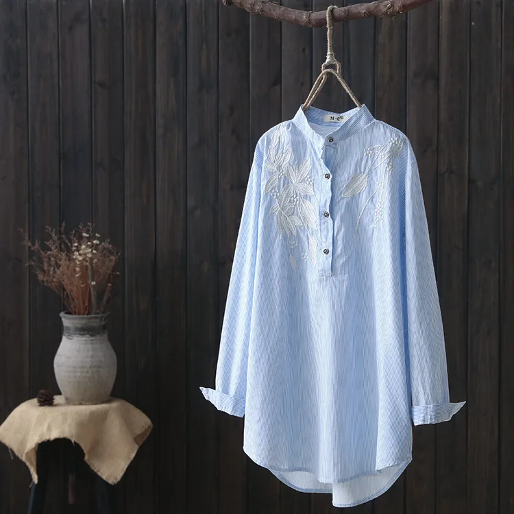 

Causal Long Shirt Dress Women Solid Embroidery Flower Blouse Outdoor Loose Shirts Dress  Summer Blouses For Female