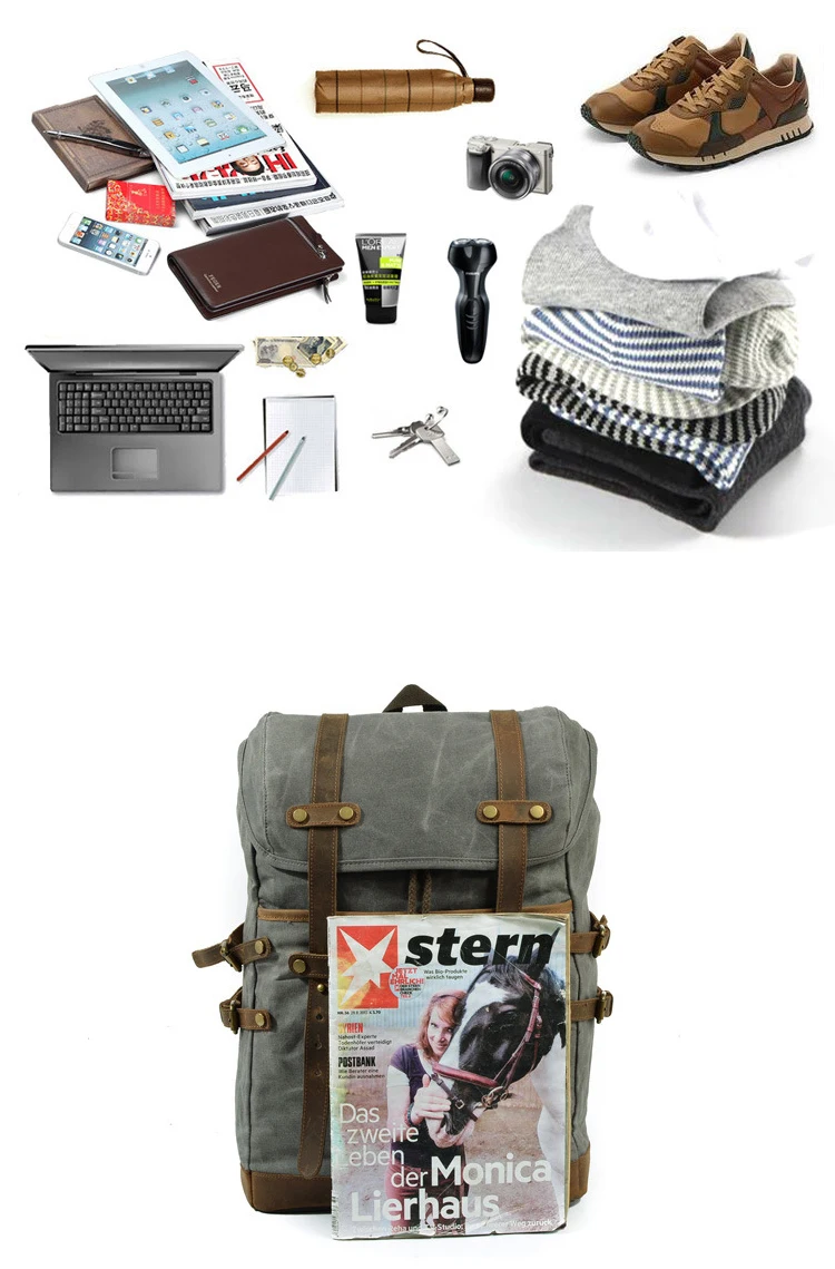 2018 New design waxed retro canvas waterproof causal stylish rucksack bag backpack back pack leather trim