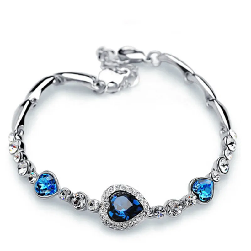 

Stylish Women New Fashion Ocean Blue Sliver Plated Crystal Imitation Rhinestone Heart Charm Bangle Bracelet