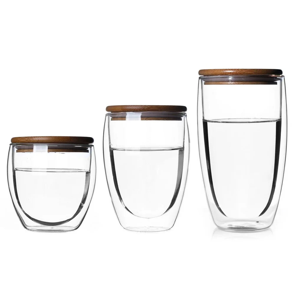 

High Borosilicate Glass Coffee Cup Double Wall Glass With Bamboo Lid