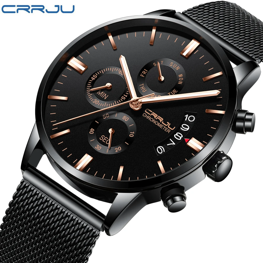

CRRJU New Men's Calander Waterproof Sport WristWatch with Milan strap Army Chronograph Quartz Heavy Watches